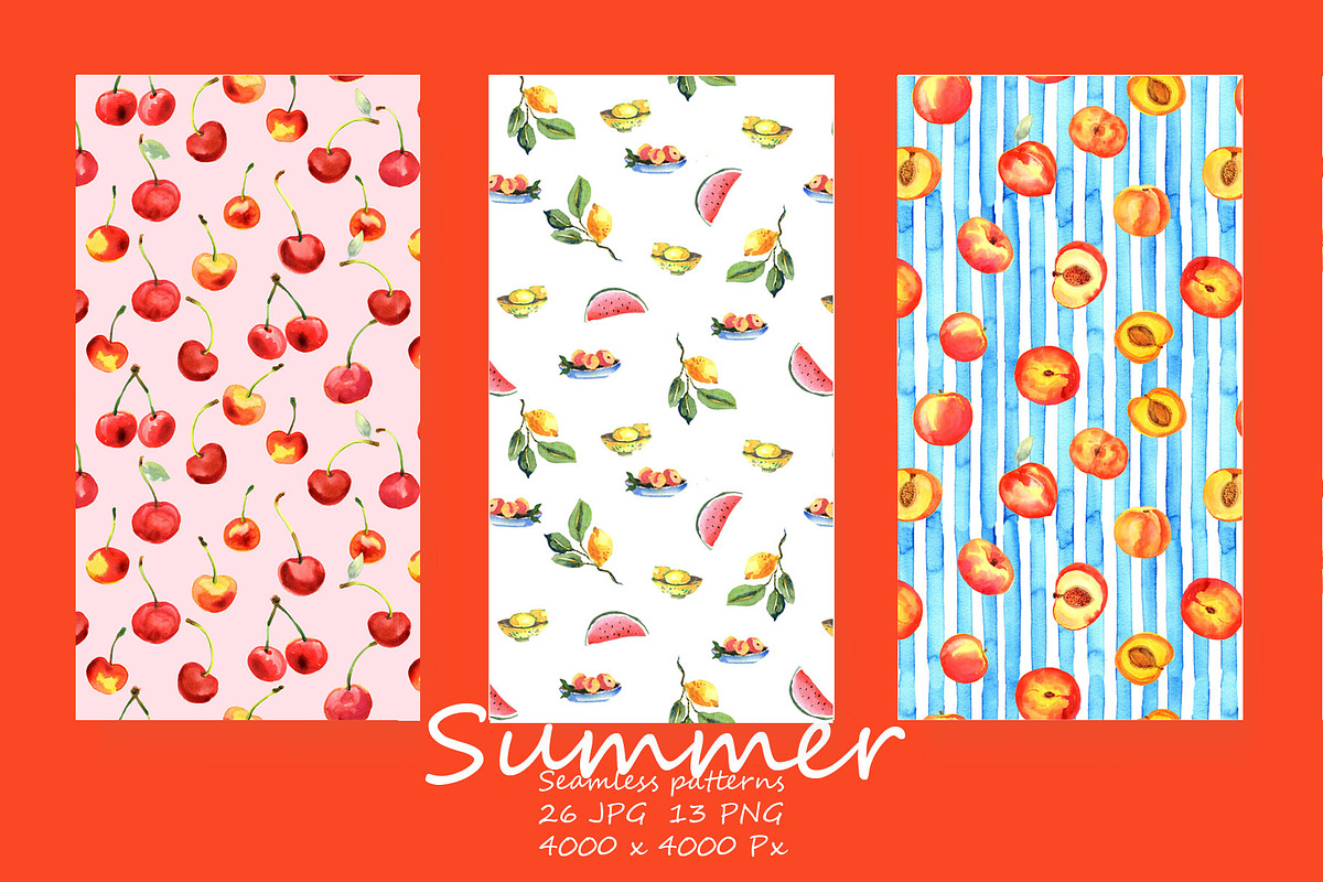 Summer Fruits Seamless patterns, an Illustration by JennyColorArt (Photo 1 of 6)