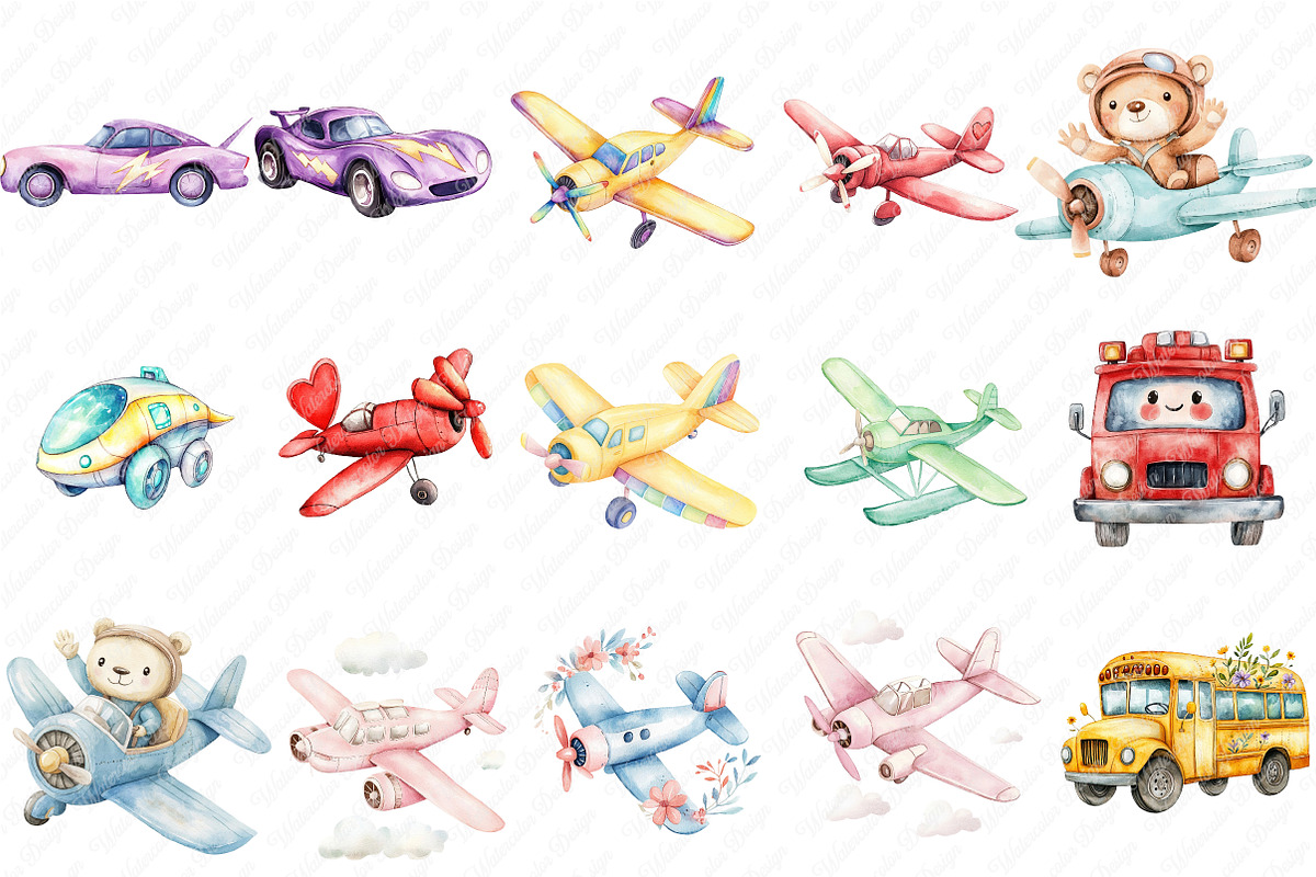 Watercolor  Transport Car Airplane, an Illustration by Watercolor design (Photo 2 of 11)