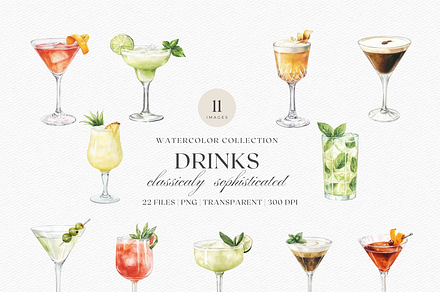 Watercolor Classic Cocktails Clipart