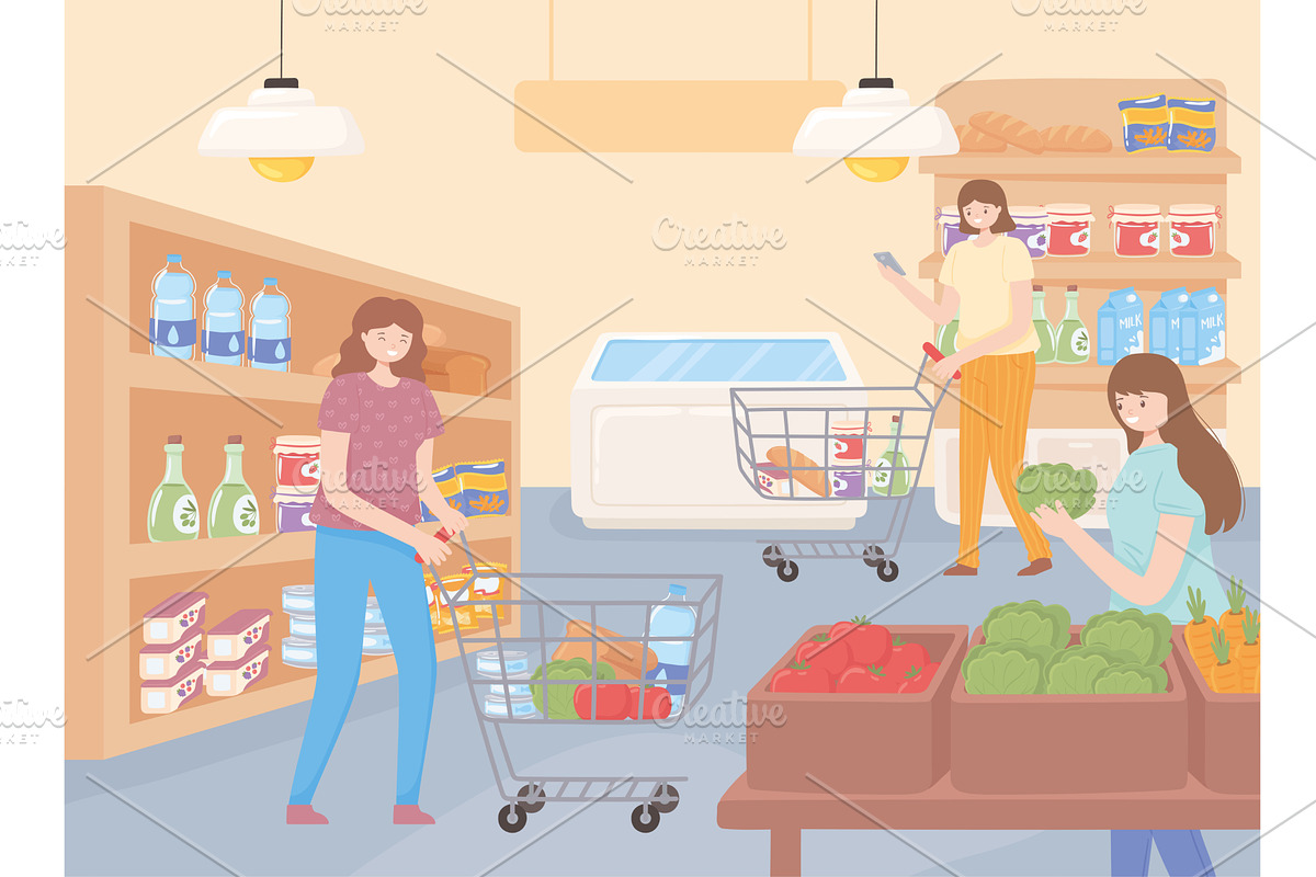 women shopping grocery, a Food Illustration by studiogstock