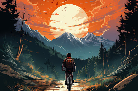a boy cycling in hill , view from ba, a Photo by SaroStock