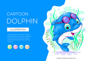 Cute cartoon dolphin, Tshirt, PNG., an Animal Illustration by KENO Mascots