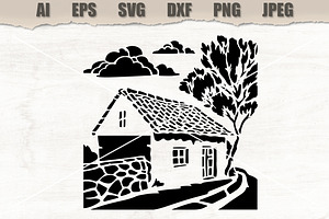 Stencil Cottage Country Landscape, a Decorative Illustration by MARYCRAFTIRIA