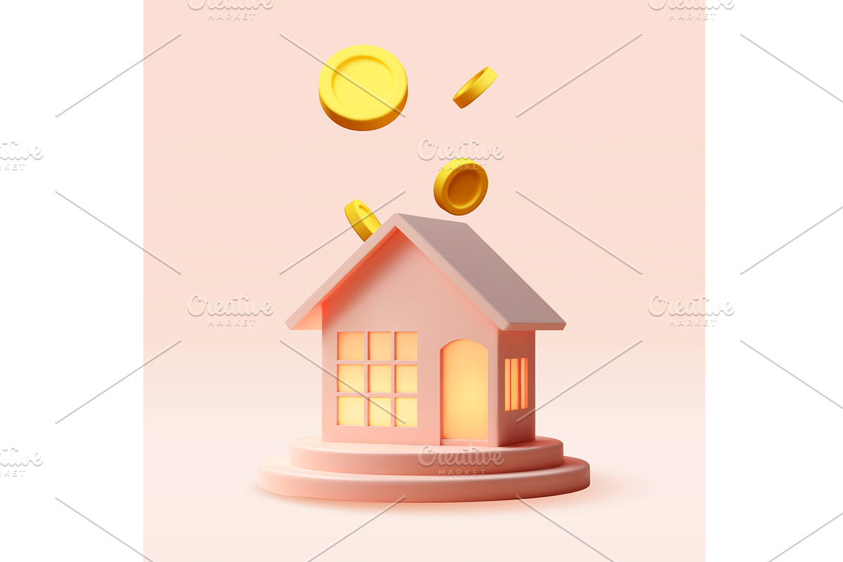 3D toy house on podium with falling, a Finance Illustration by Abscent