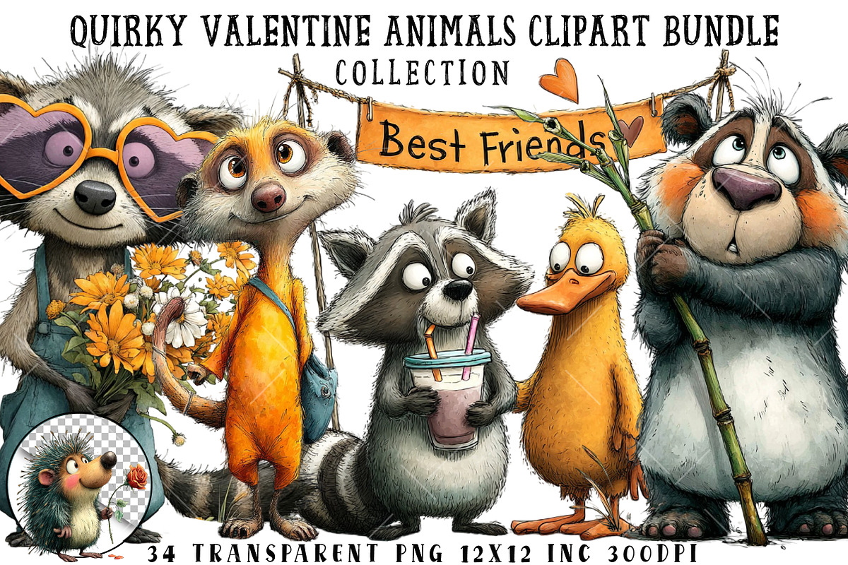 Quirky Valentine Animals Clipart, an Illustration by OK Design (Photo 1 of 6)