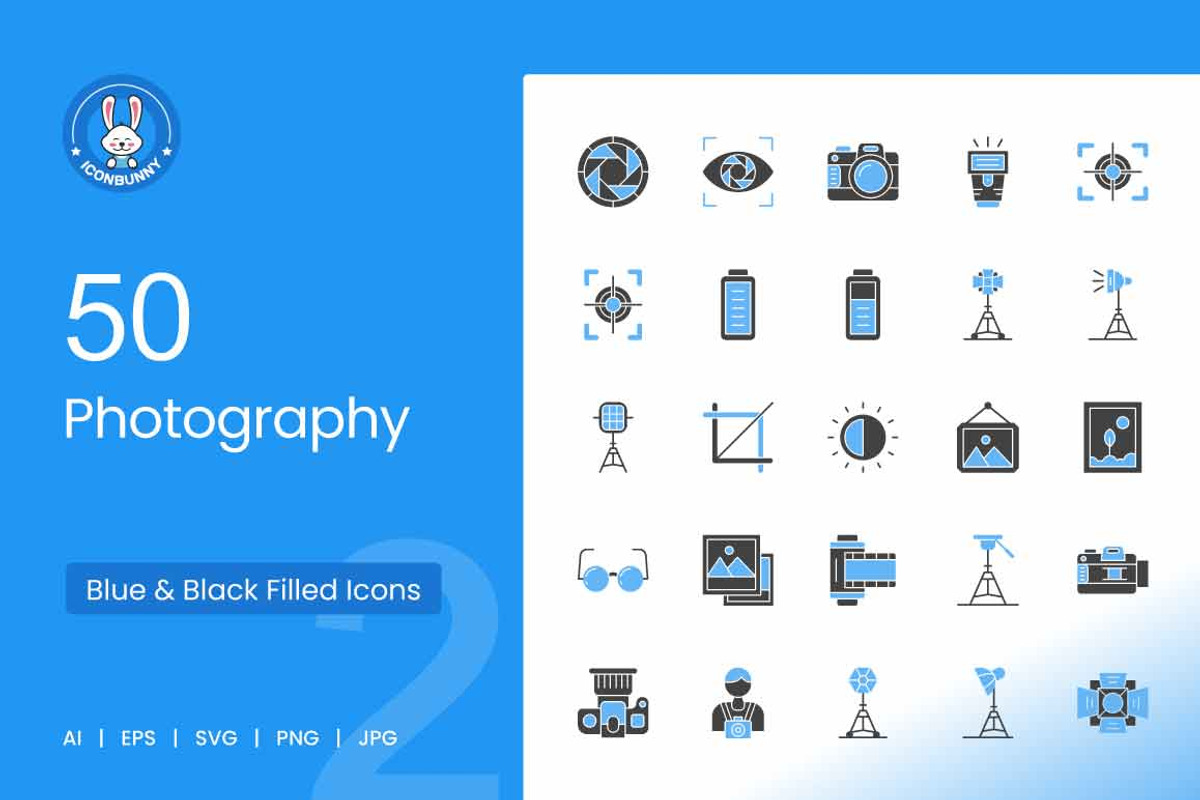 50 Photography Blue & Black Icons, an Icon by IconBunny (Photo 1 of 2)