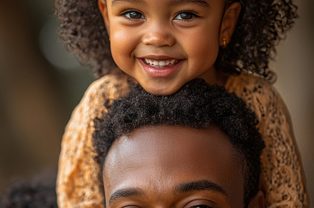Smiling father carrying daughter on shoulders in outdoor park, a Photo by AS photostudio