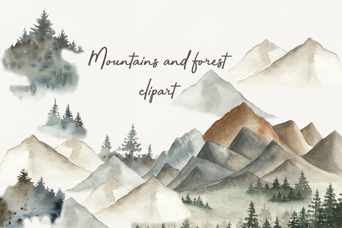 Mountains and forest clipart, an Object Illustration by ViolettaKh (Photo 1 of 10)