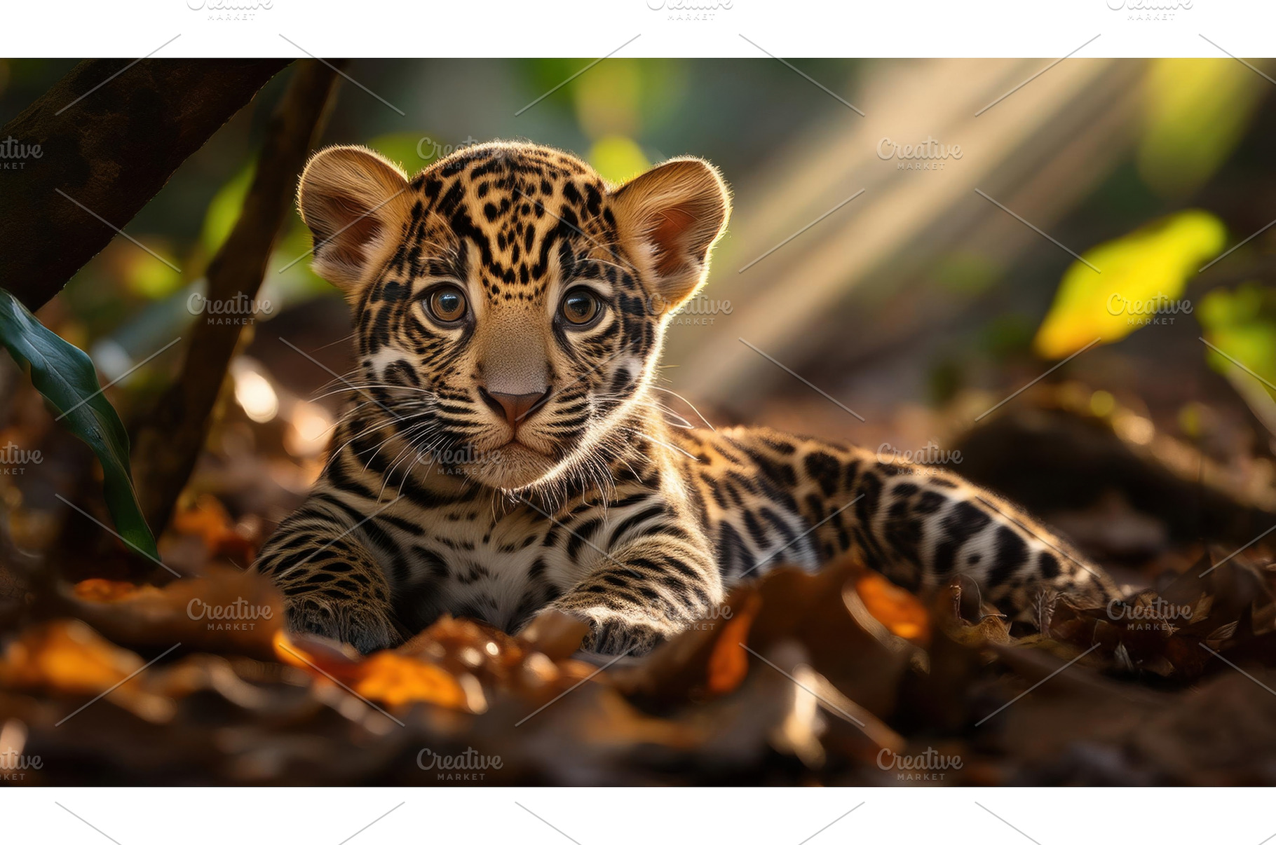 A jaguar cub lies amidst fallen, an Animal Photo by Igor Tichonow