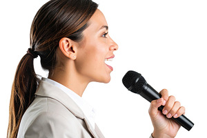 Woman speaking into a microphone with green vine waves is projec, a Person Photo by DanFLCreativo