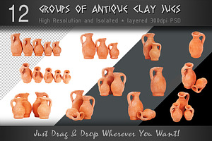 12 High Resolution Antique Clay Jugs