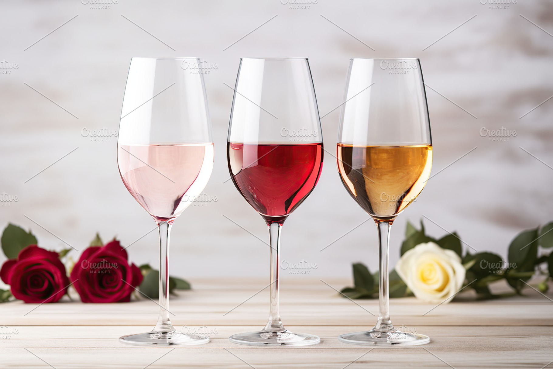 Different wine in glasses and flowers on white background, a Food & Drink Photo by AlyaAnd