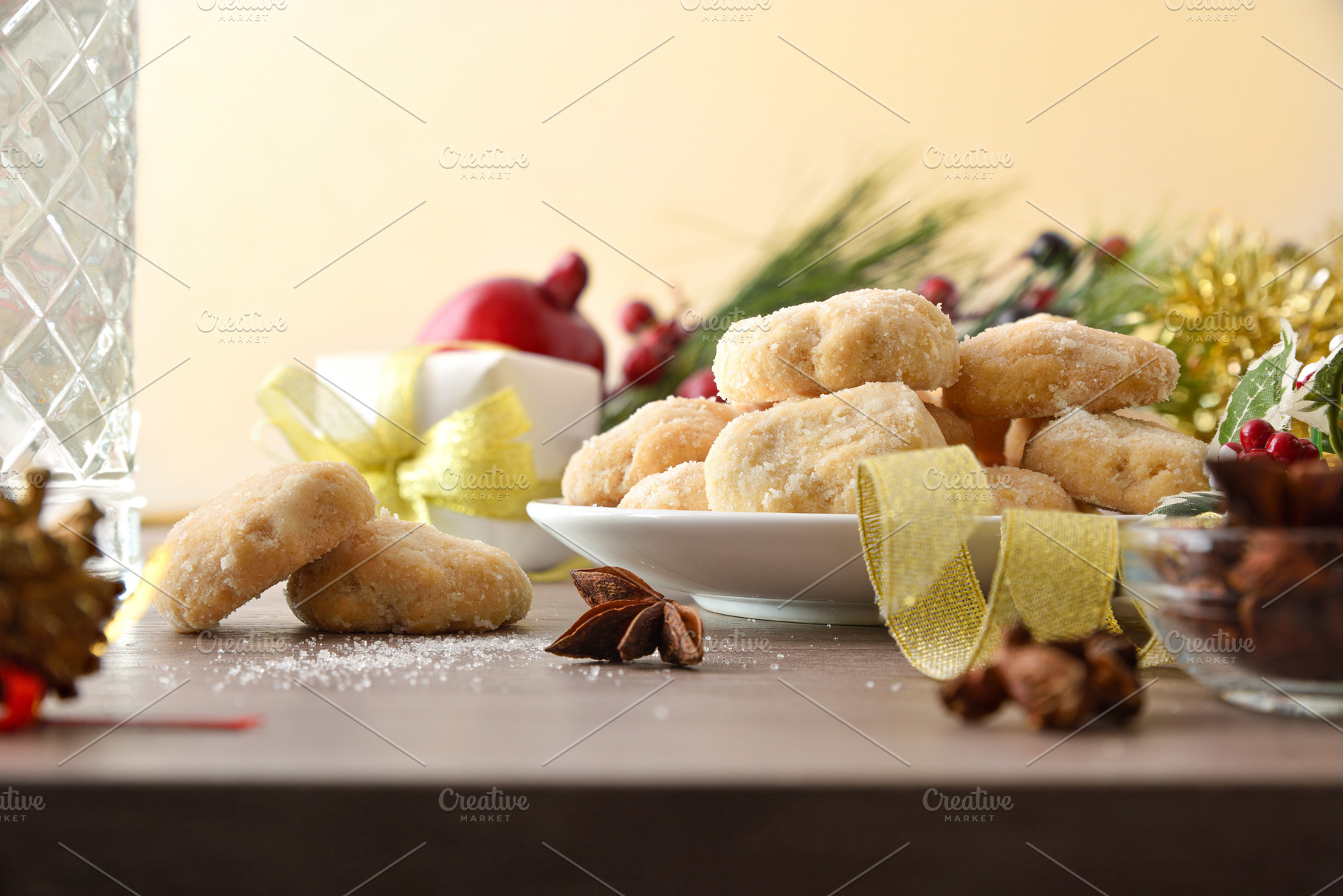 Anise and cinnamon cookies on wooden table and beige isolated ba, a Food & Drink Photo by Davizro's Market