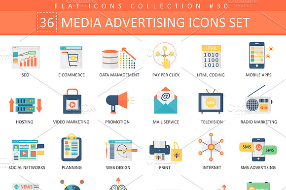 36 Media Advertising Flat Icons Set.