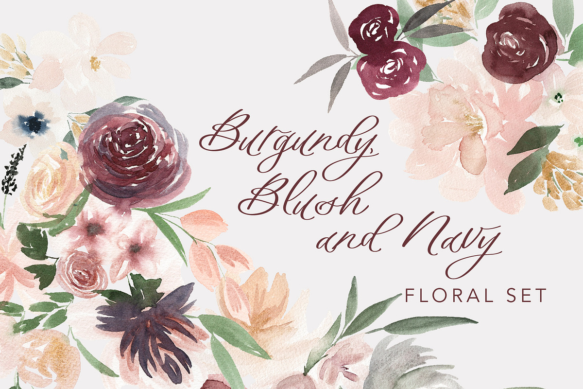 Burgundy, Blush, & Navy Floral Set, an Illustration by One and Only Paper (Photo 1 of 7)