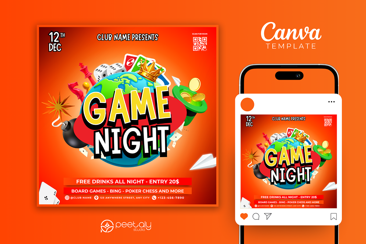 Game Night Flyer Canva Template, a Flyer Template by PeetalyStudioDesigns (Photo 1 of 5)