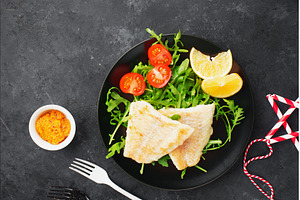 Fried cod lunch with lemon and, a Food & Drink Photo by IleishAnna