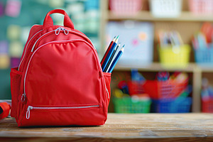Modern school backpack on blurred classroom background. Back To School concept, a School & Education Photo by AlyaAnd