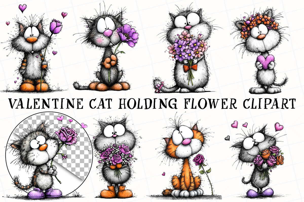 Valentine Cat Holding Flower Clipart, an Illustration by OK Design (Photo 3 of 6)