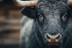 Close up portrait of a black bull with horns and intense gaze, cattle livestock, a Photo by AS photostudio