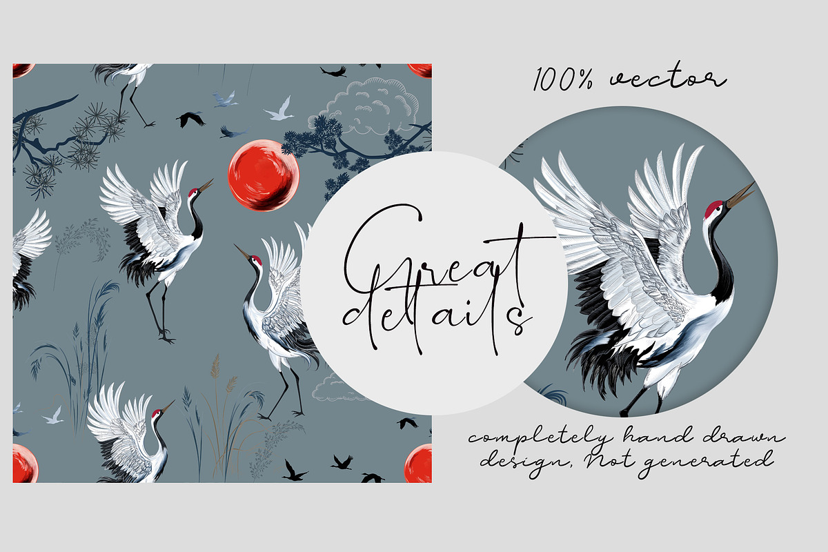 Oriental Cranes Vector Pattern, an Animal Illustration by FleurArt (Photo 3 of 8)