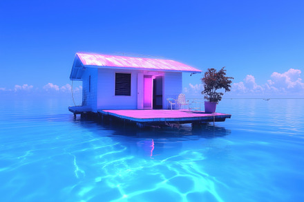 A vibrant, surreal scene featuring a small house on stilts in crystal-clear tur, an Arts & Entertainment Photo by Textures & Backgrounds