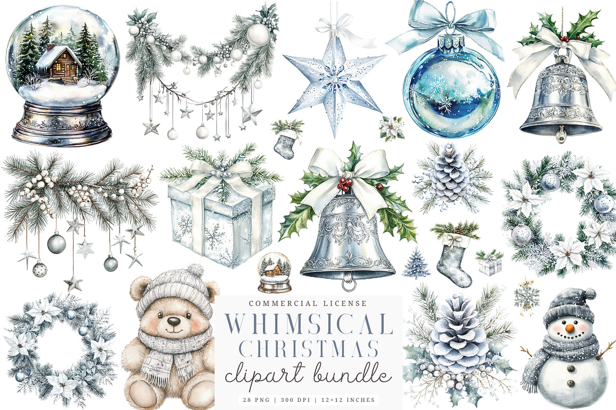 Watercolor Silver Christmas Bundle, a Transportation Illustration by SinaCreation (Photo 1 of 6)