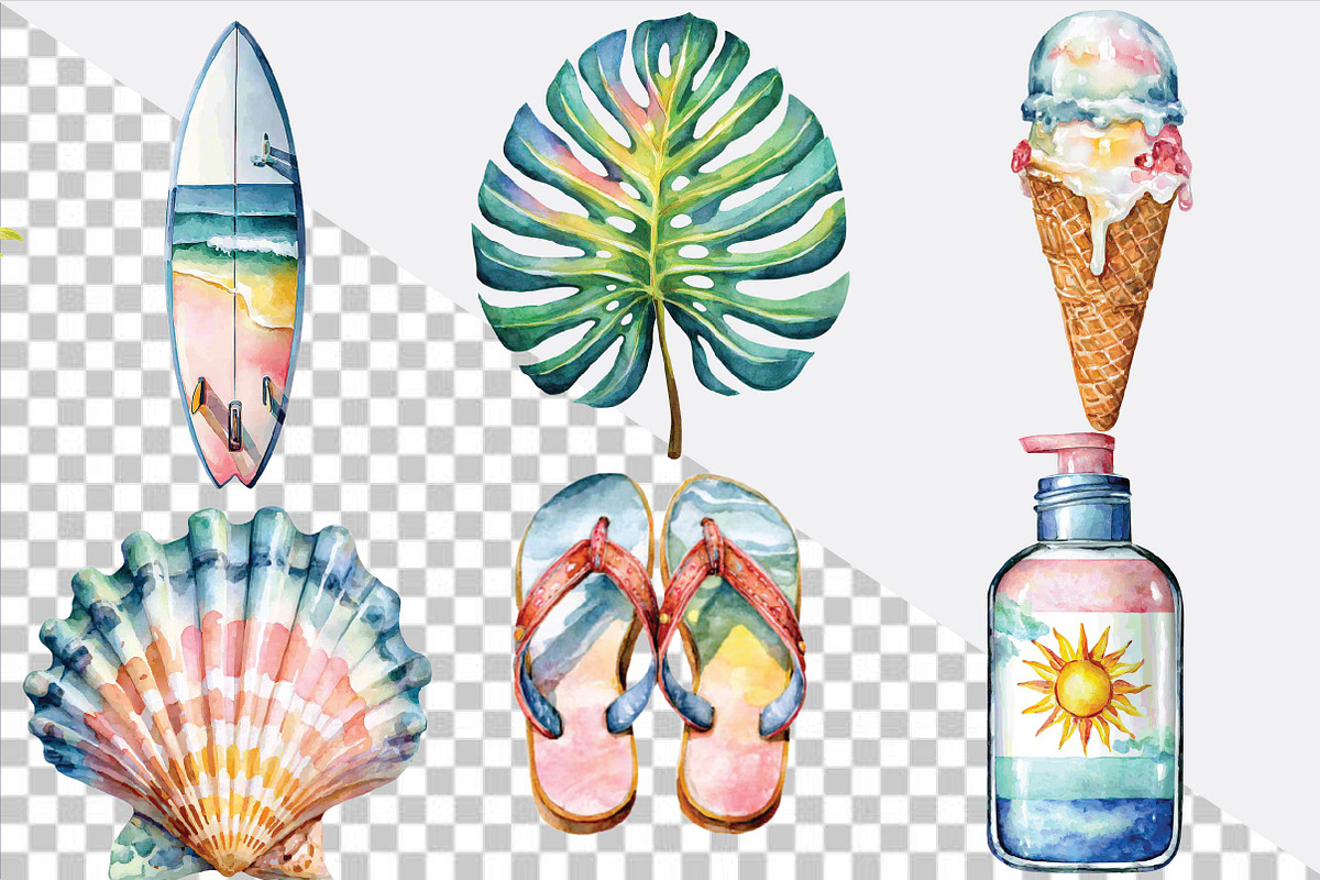 Watercolor Summer Beach Clipart, an Illustration by SVGArt (Photo 5 of 9)