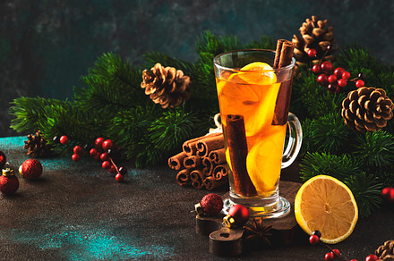 Hot winter tea drink, spicy cocktail, punch or mulled wine with, a Food & Drink Photo by 5PH