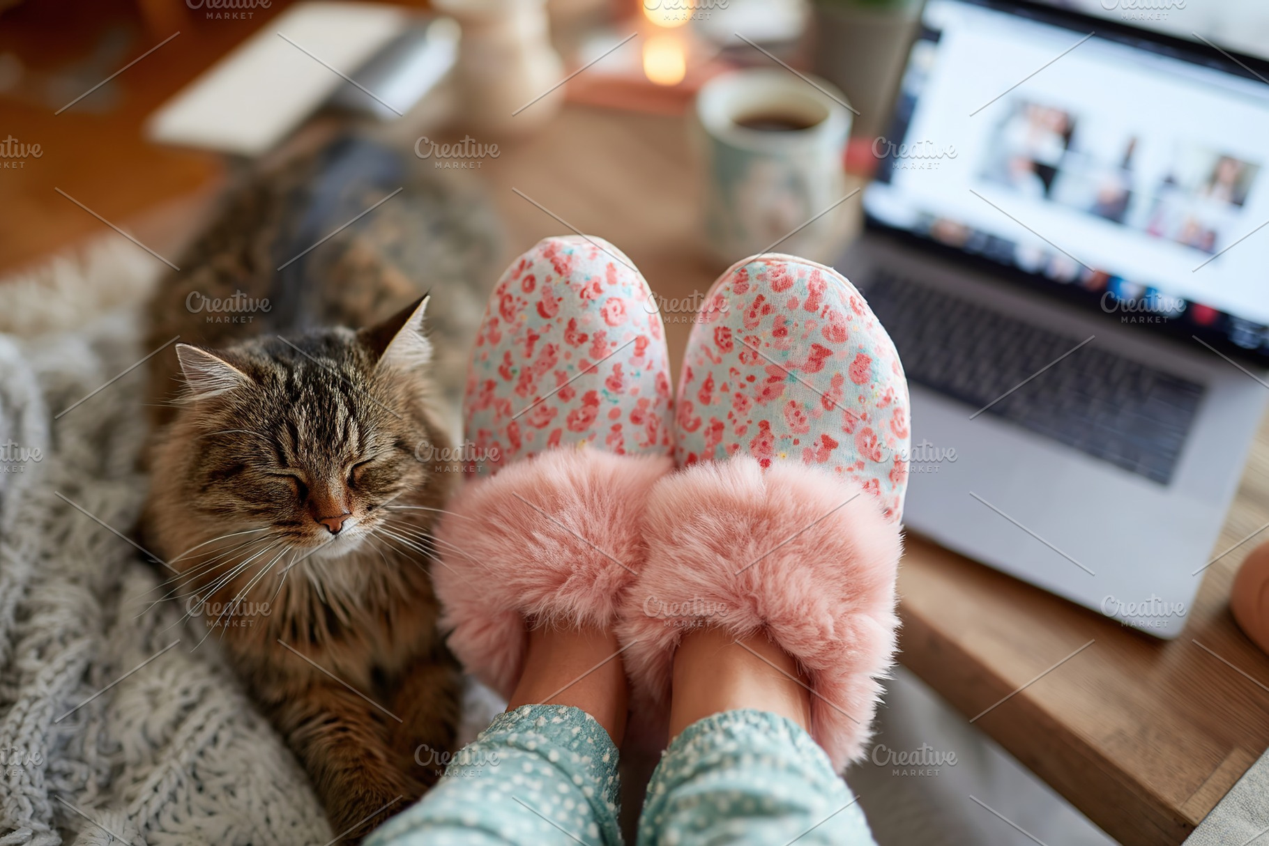 Working from home in cozy slippers while enjoying the company of a cat during a, a Photo by AlyaAnd