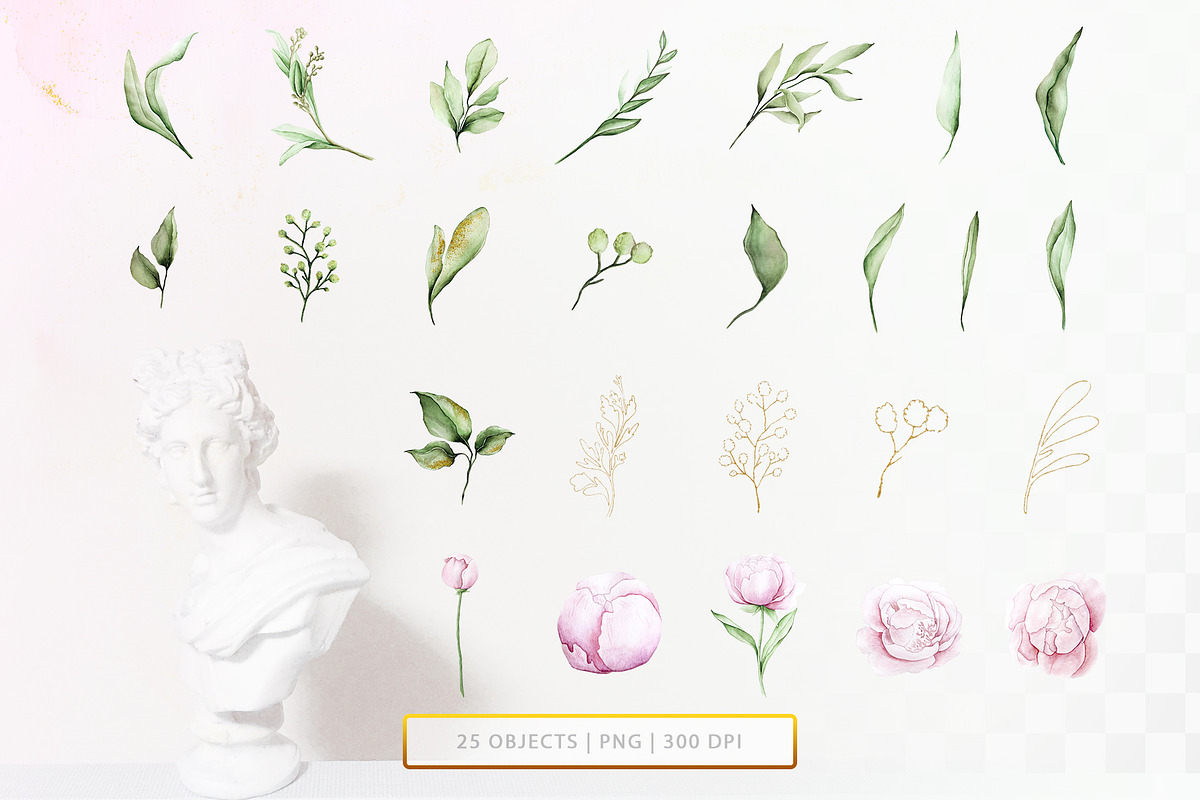 Peonies & Gold light watercolor set, an Object Graphic by Integrity_store (Photo 7 of 8)