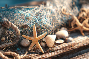 Fishing net with seashells on boat, a Holiday Photo by Virgo Studio