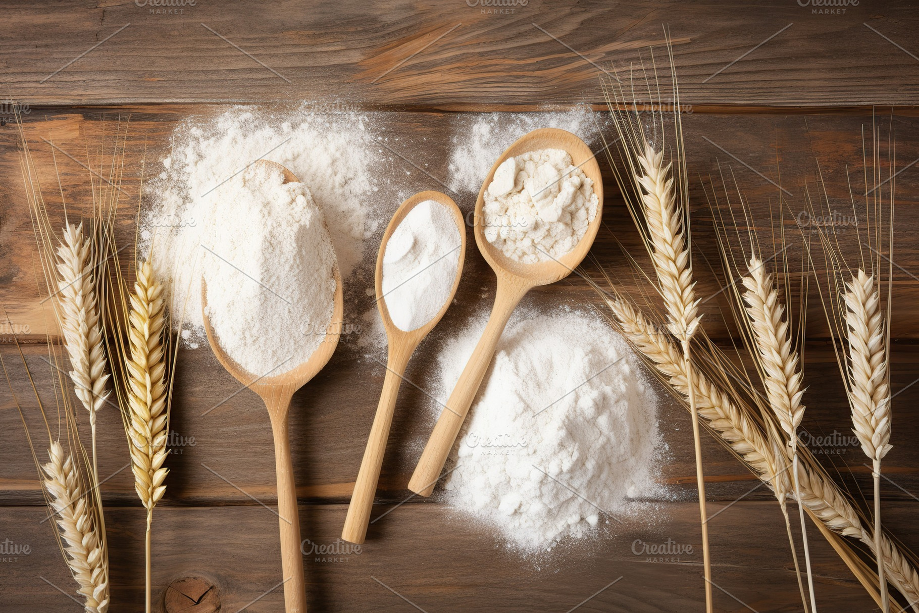 Flour in wooden spoons and wheat ears on wooden background, a Food & Drink Photo by AlyaAnd