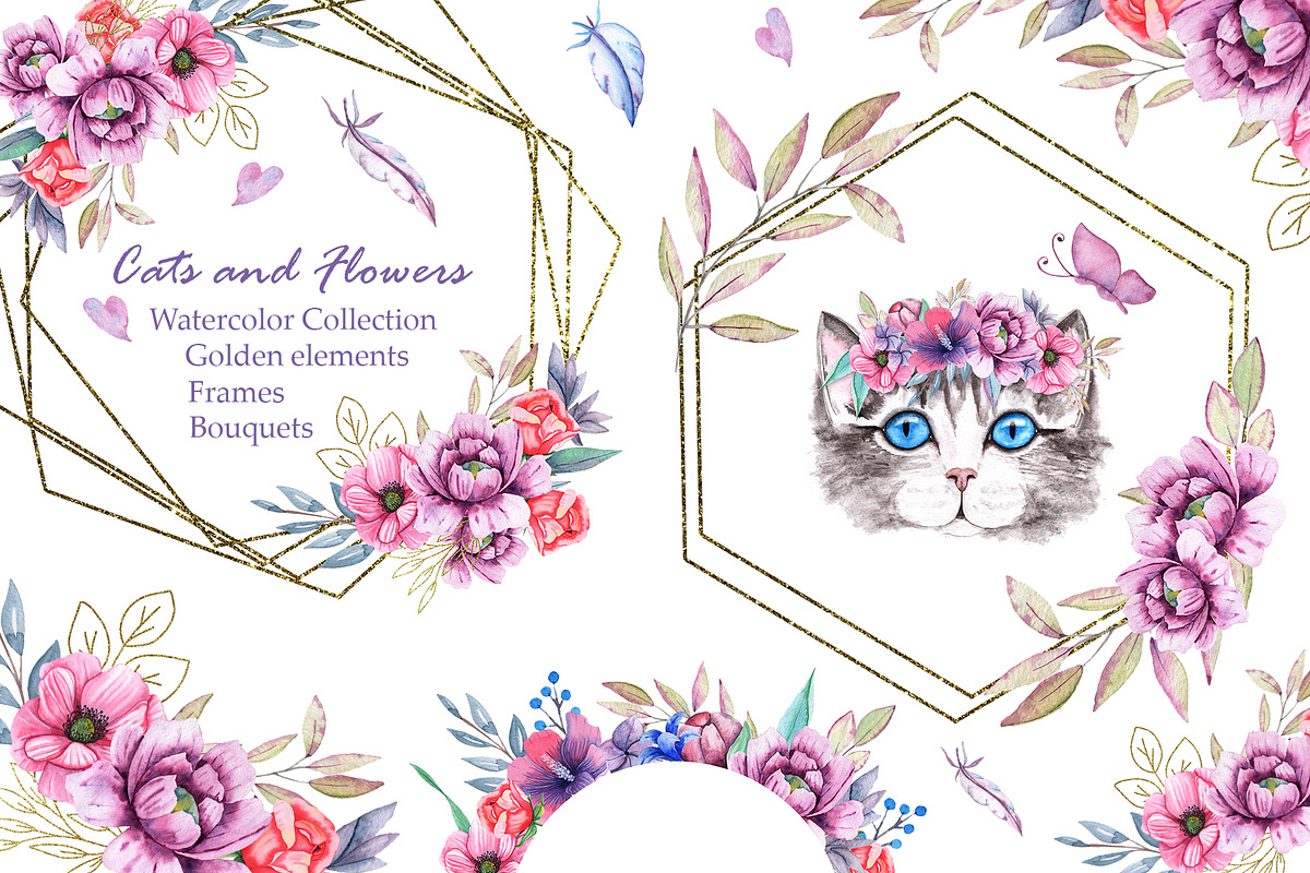 Watercolor Cats and Flowers, an Illustration by TanataDesign (Photo 3 of 13)