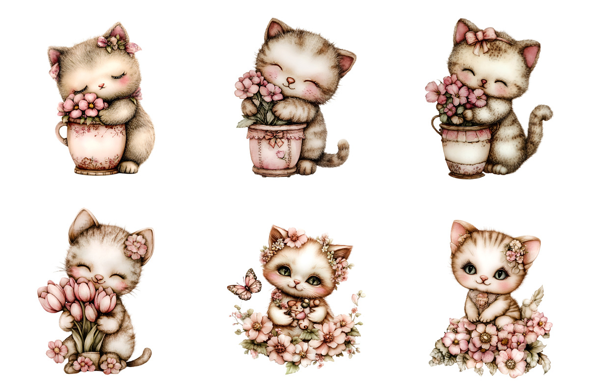 Whimsical Spring Cats Clipart, an Illustration by SinaCreation (Photo 3 of 11)