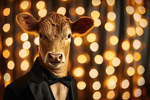Cute cow in black suit on blurred lights background, a Photo by AlyaAnd