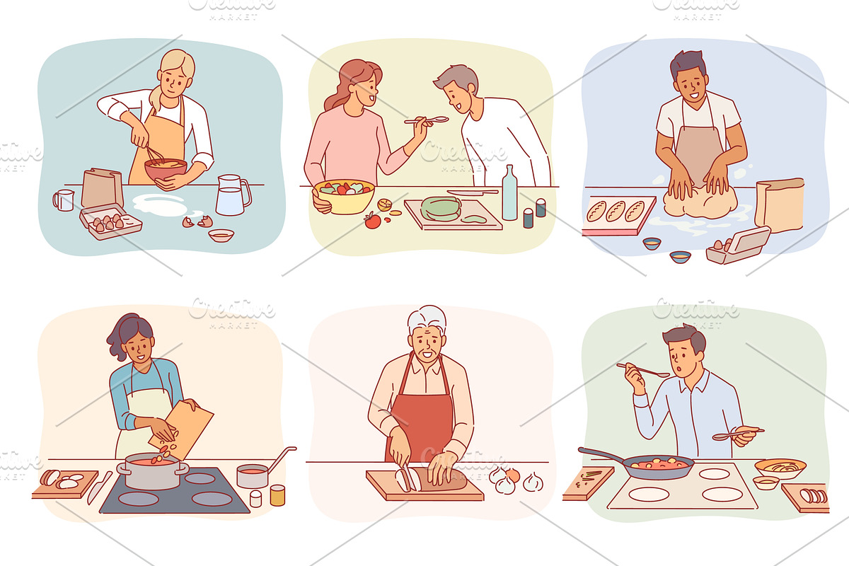 Cartoon people cooking. Men and, a Food Illustration by YummyBuum