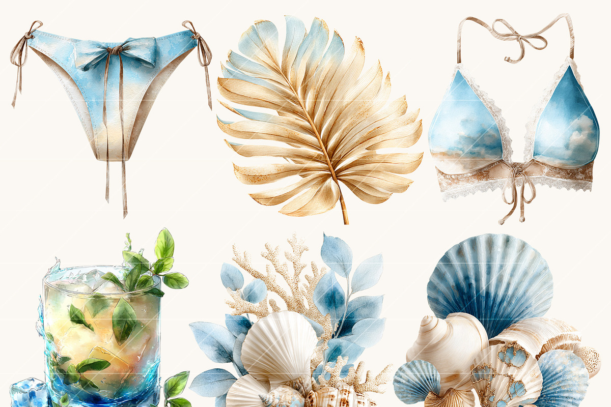 Watercolor Summer Beach Clipart, a Seasonal Illustration by BusyDaydesign (Photo 4 of 9)
