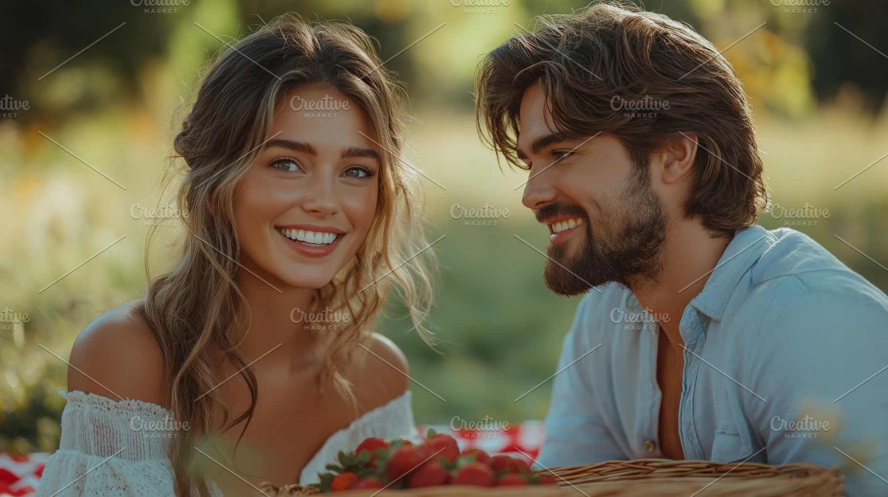 A joyful couple enjoying a sunny picnic, laughing together and surrounded by fr, a Person Photo by ImageMir