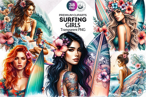 Surfing Girl Clipart Set, a Person Illustration by ThatsDesignArt