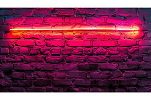 Neon lights shine on neon brick wall, an Abstract Photo by ZinetroN