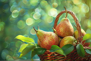 Red pears with leafs in basket on green blurred background, a Food & Drink Photo by AlyaAnd
