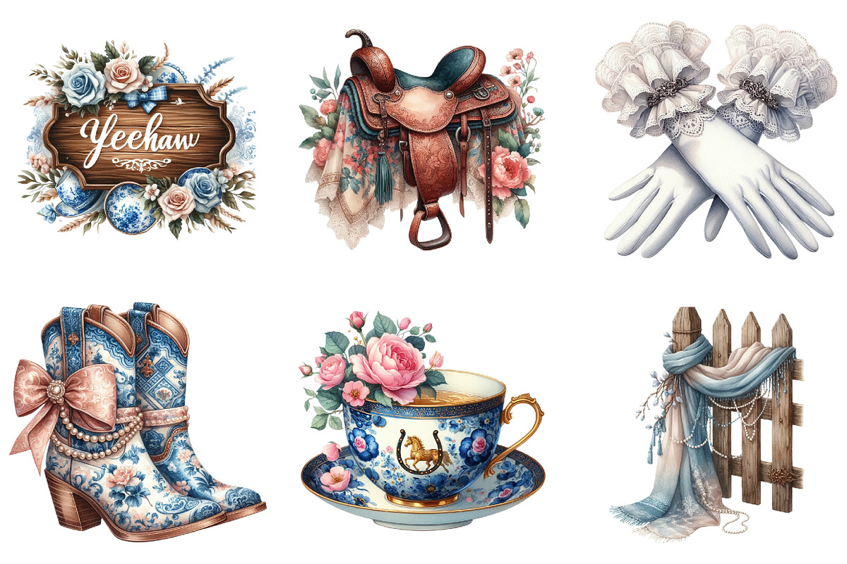 Chinoiserie Cowgirl Coquette Clipart, an Illustration by DreamArtGraphic (Photo 3 of 4)