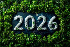 Frosted white 2026 numbers with small green plants surrounded by, a Background Photo by José Manuel Gelpi