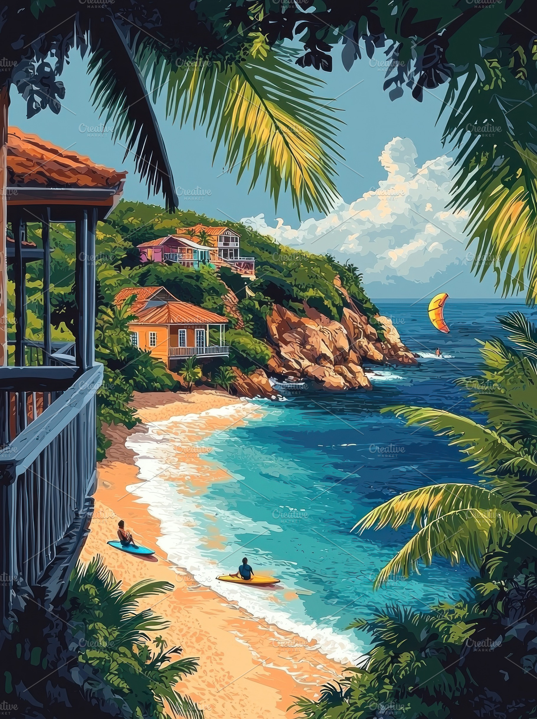 Colorful seaside houses along a tropical beach with palm trees,, a Person Photo by José Manuel Gelpi