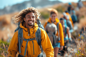 A young Hispanic man with long curly hair smiles joyfully while, a Person Photo by ImageMir