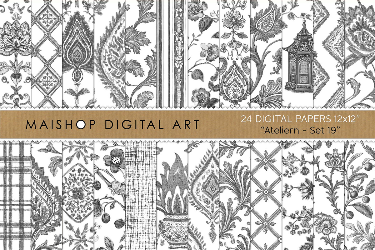 Charcoal Gray Toile Digital Papers, a Pattern Graphic by Maishop (Photo 1 of 7)