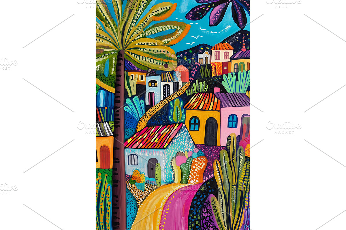 Colorful Village Folk Style Art, a Decorative Illustration by Art Paradise Studios
