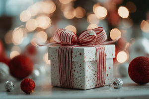 Gift box with ribbon and ornaments, a Photo by Beautiful things
