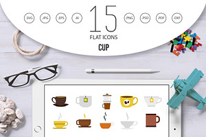 Cup Icon Set, Flat Style